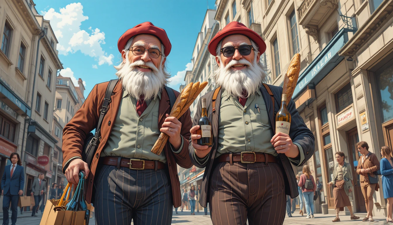 Hommes âgés marchant joyeusement dans une rue ensoleillée d’une ville française