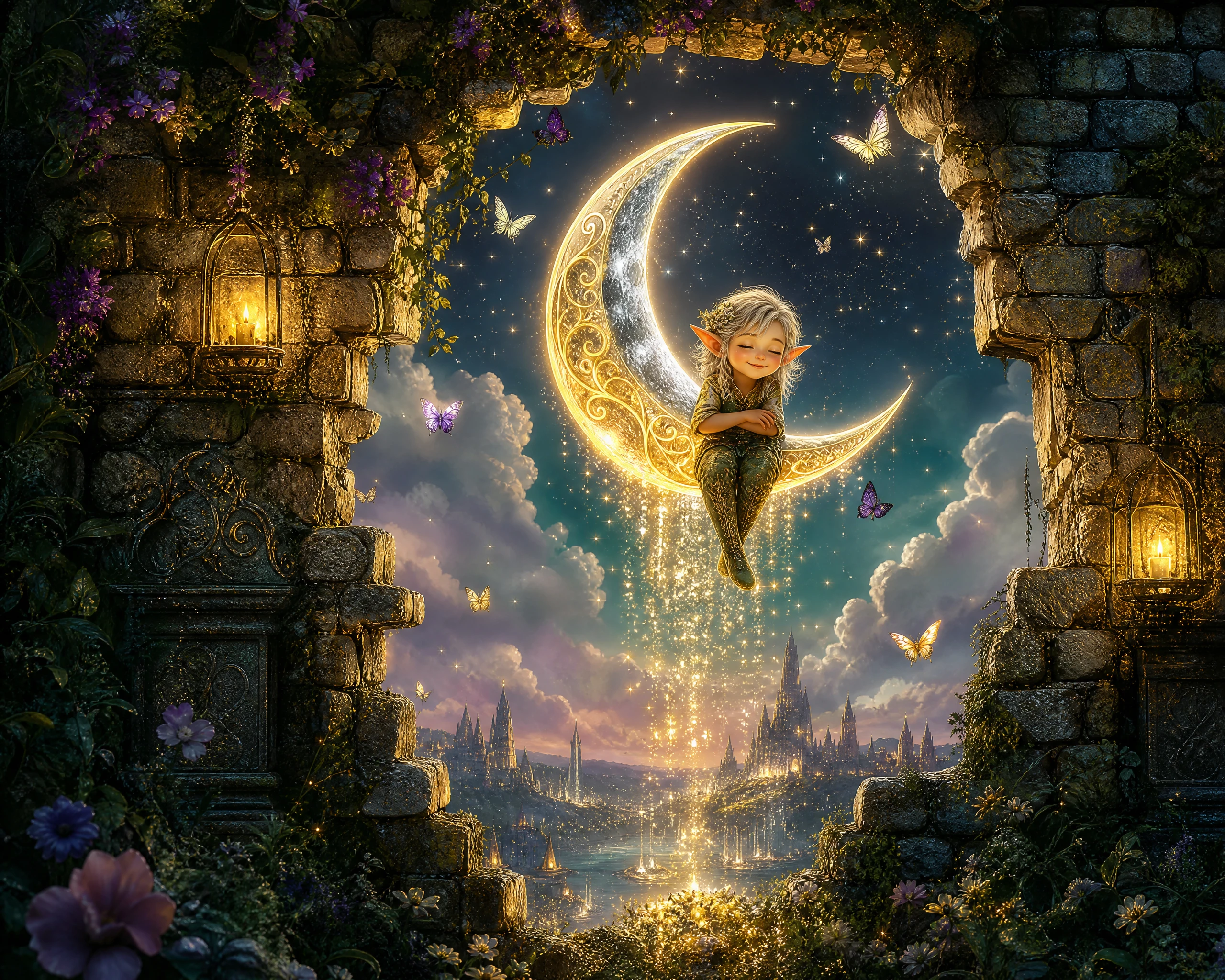 Elfo Seduto su una Mezza Luna Magica dietro un Muro in Rovina