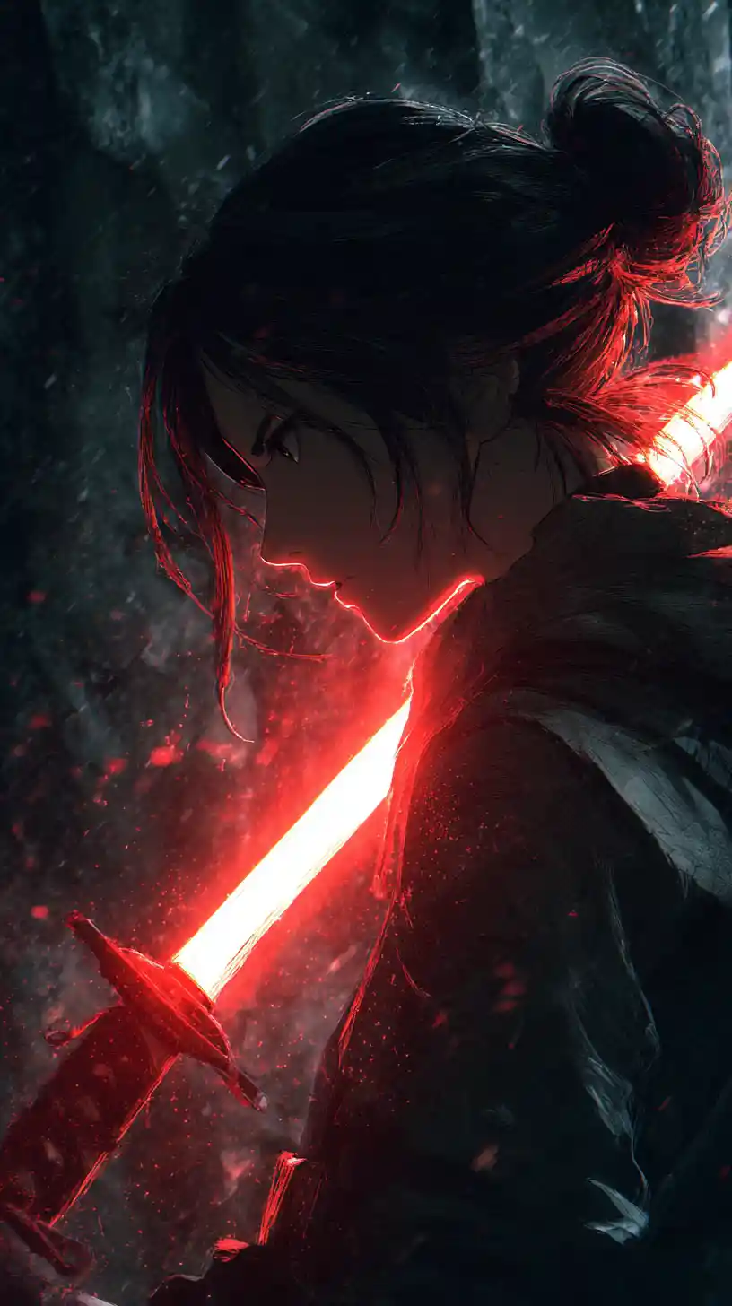 Anime girl with glowing red katana in dark cavern
