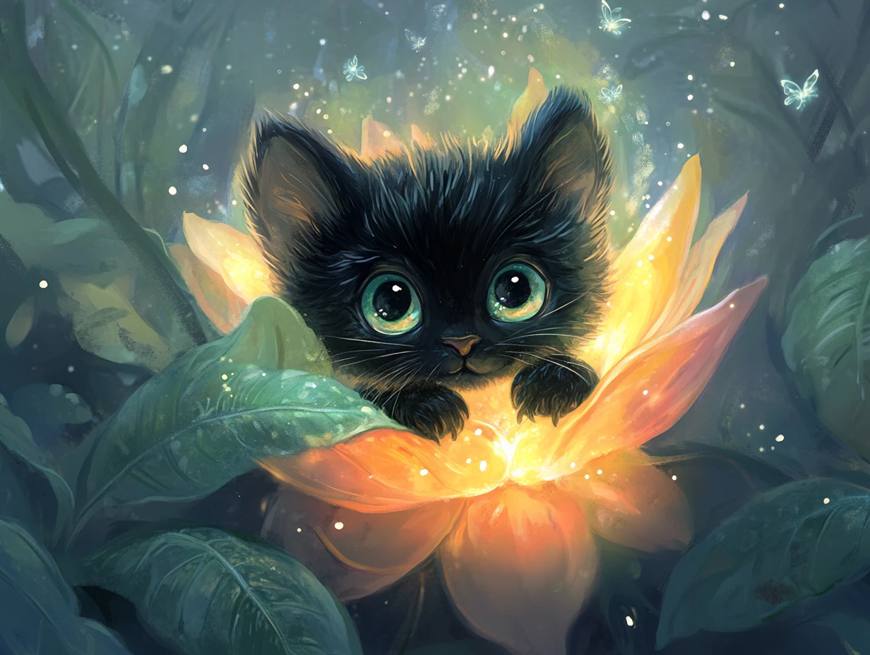 Bébé panthère noire dans une fleur enchantée lumineuse la nuit