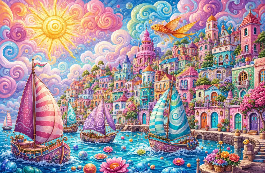 Verspieltes Küstendorf in Pastell mit bunten Segelbooten