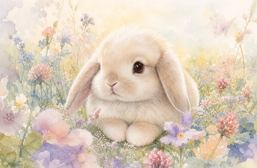 Coelhinho bebê em aquarela descansando entre delicadas flores silvestres em tons pastéis