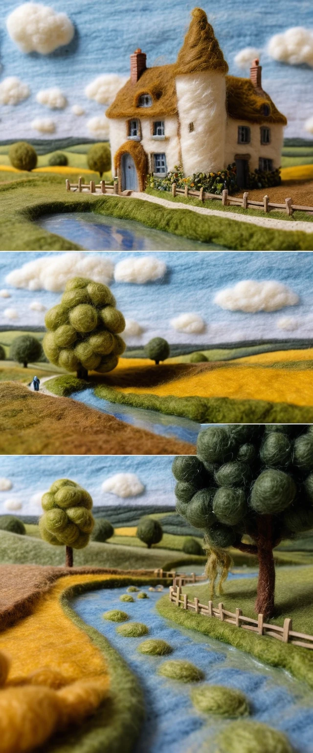 Ciclistas 3D em feltro viajando por uma suave paisagem verde