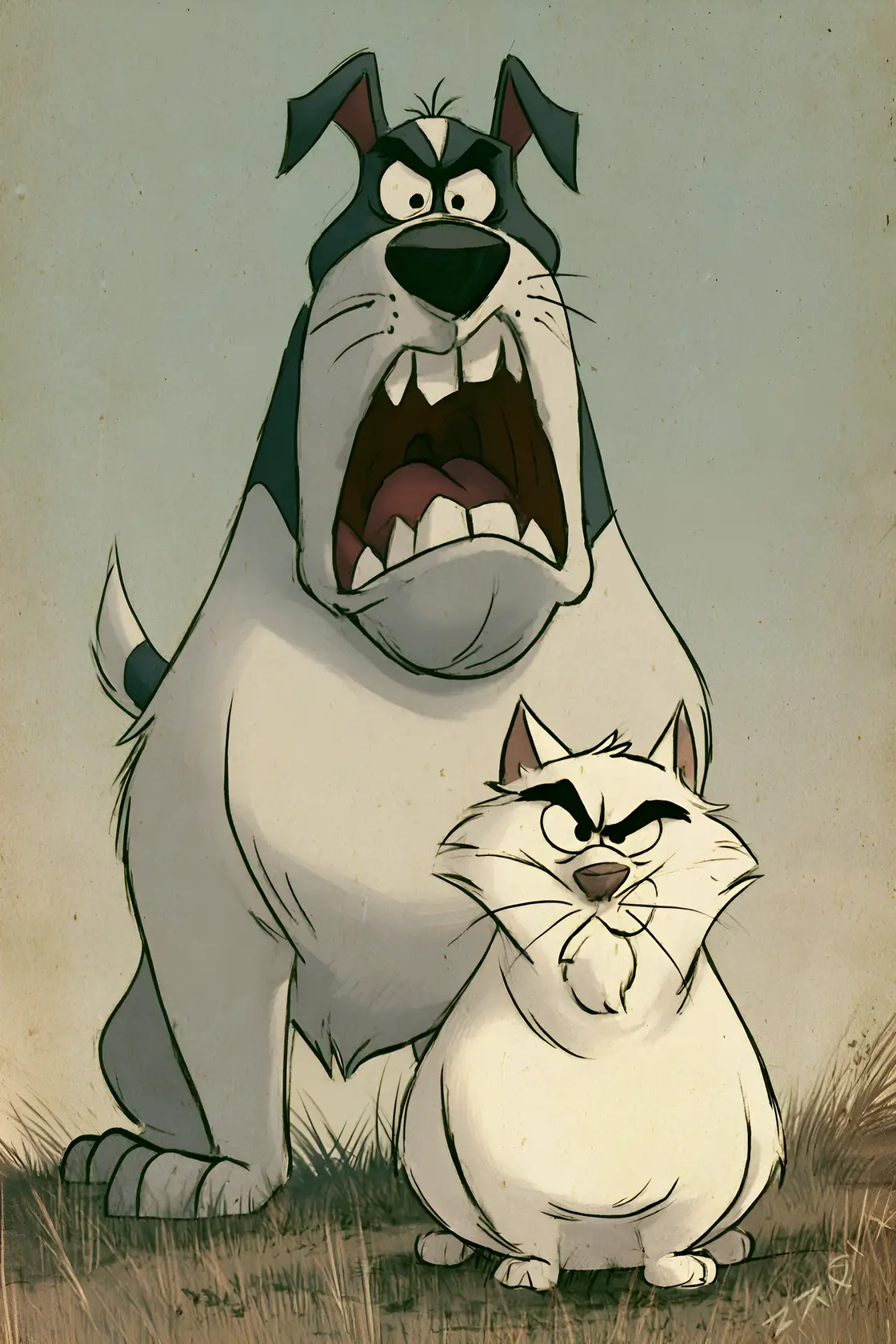 Cane cartoon che insegue un gatto bianco in stile film vintage