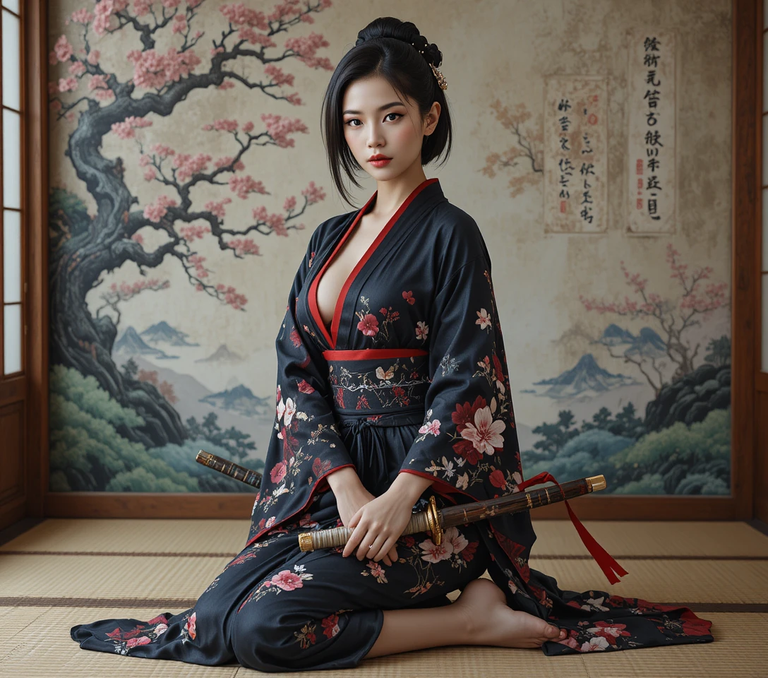 Guerriera asiatica in ginocchio con katana e kimono strappato