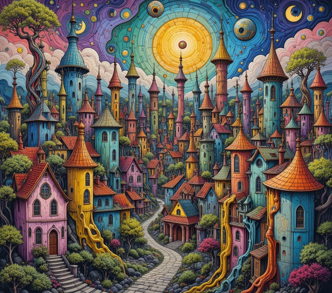 Paisagem urbana surreal em arco-íris com fachadas derretidas e torres retorcidas