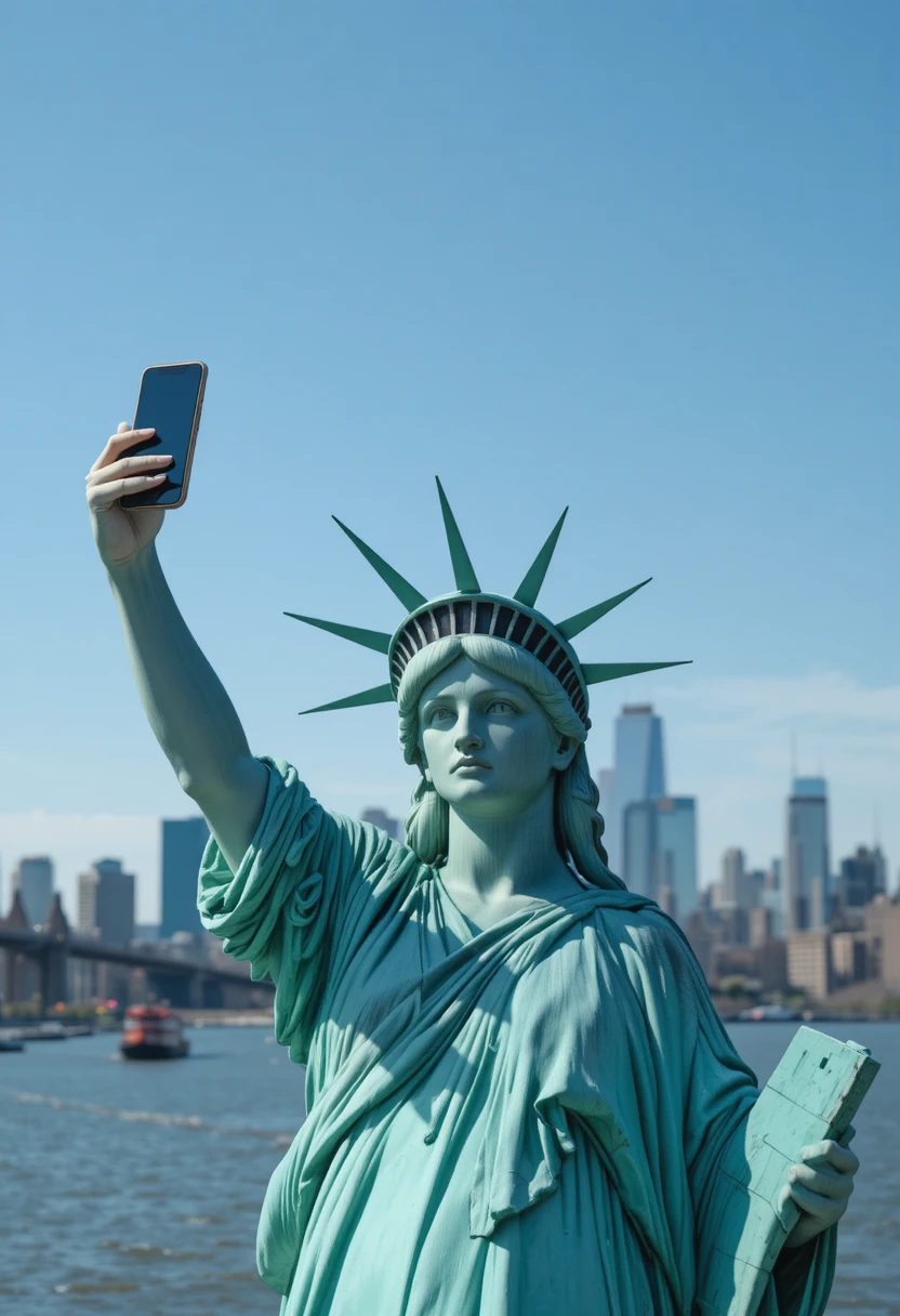 Estátua da Liberdade tirando uma selfie acima do horizonte de Nova York