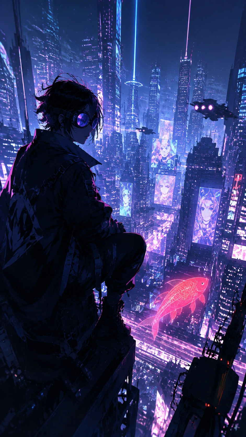 Herói de anime observando cidade futurista de neon à noite