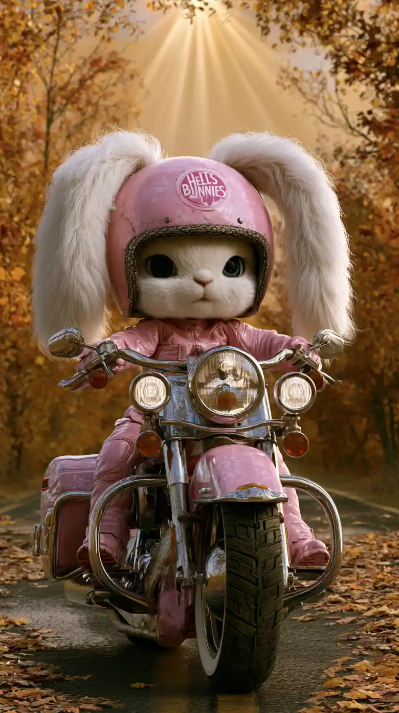 Chibi-Häschen fährt auf sonniger Straße ein pinkes Motorrad