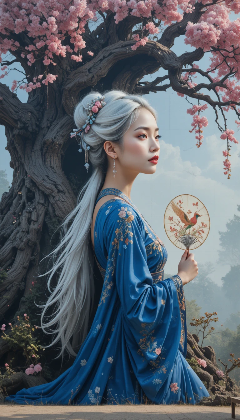 Mural gigante de uma mulher serena ao lado de uma árvore florida