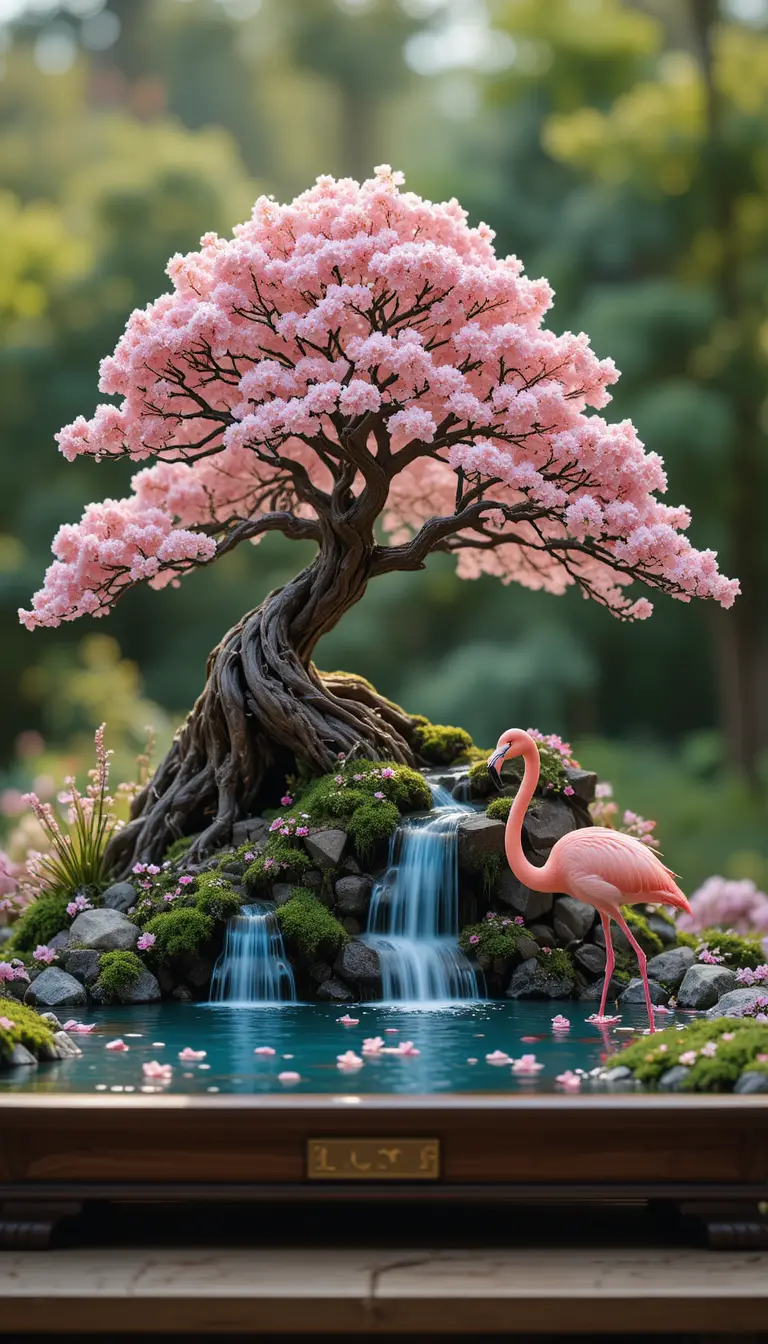Kirschblüten-Bonsaigarten mit Flamingos und Wasserfall