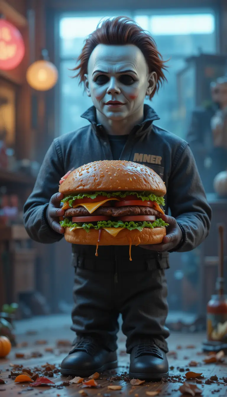 Uomo che mangia un hamburger in uno stile giocoso ispirato alla Pixar