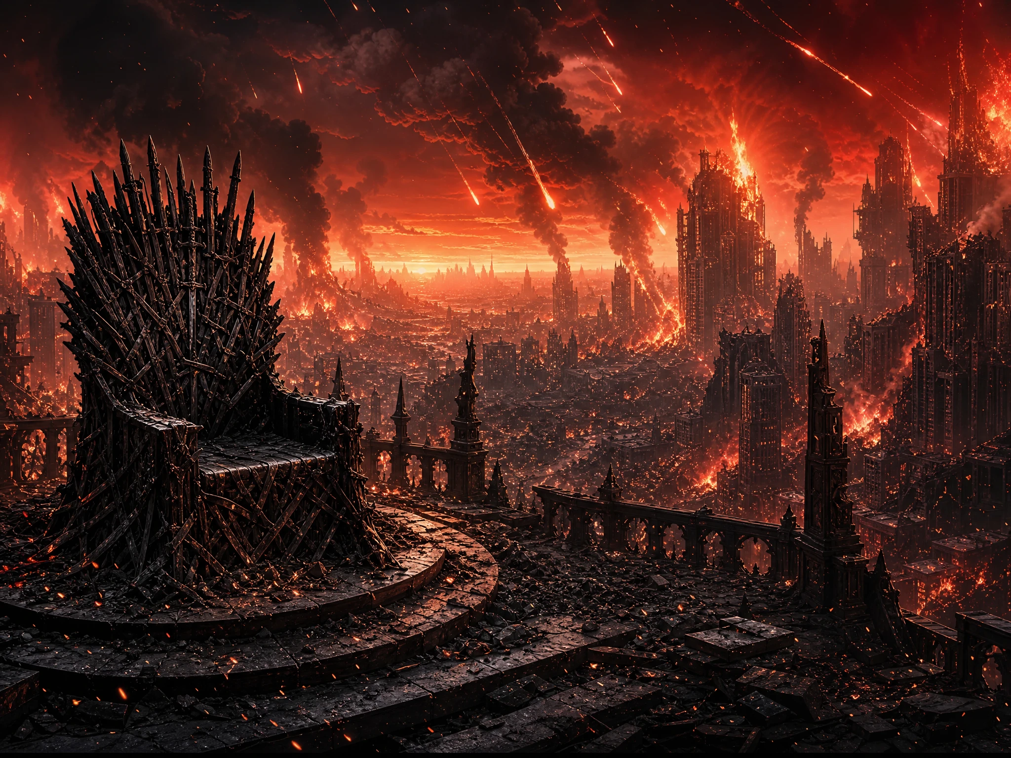 Burning futuristic city with a shattered sword throne