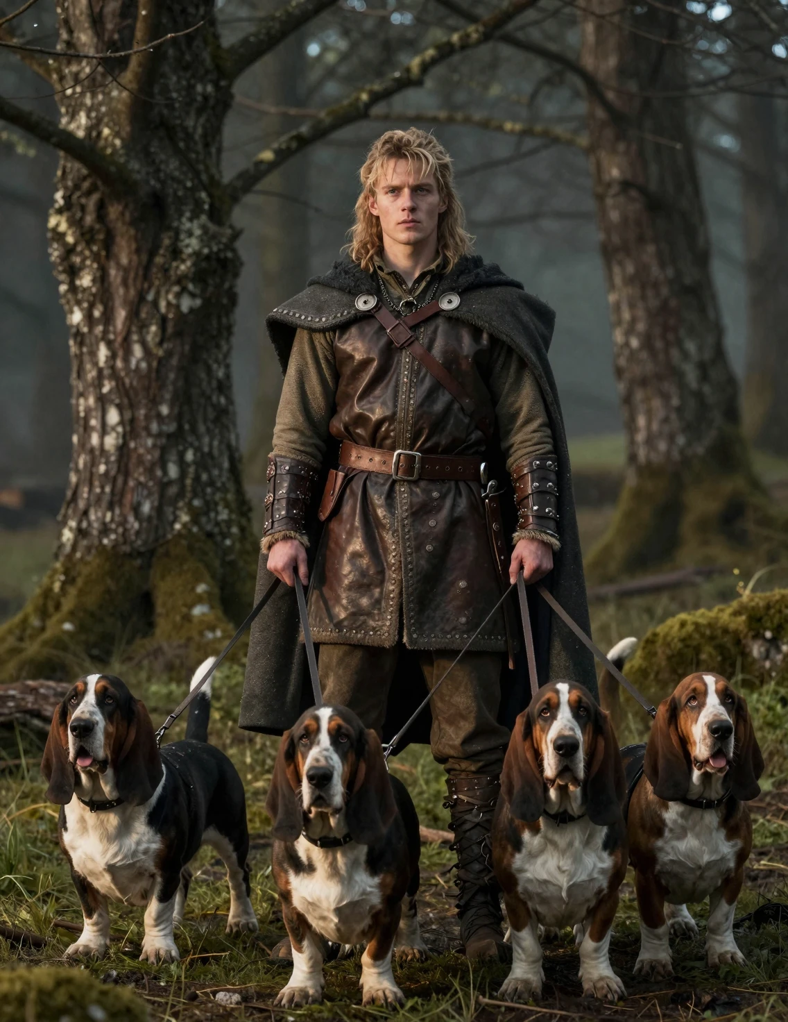 Giovane uomo con basset hound in un campo fantasy cinematografico