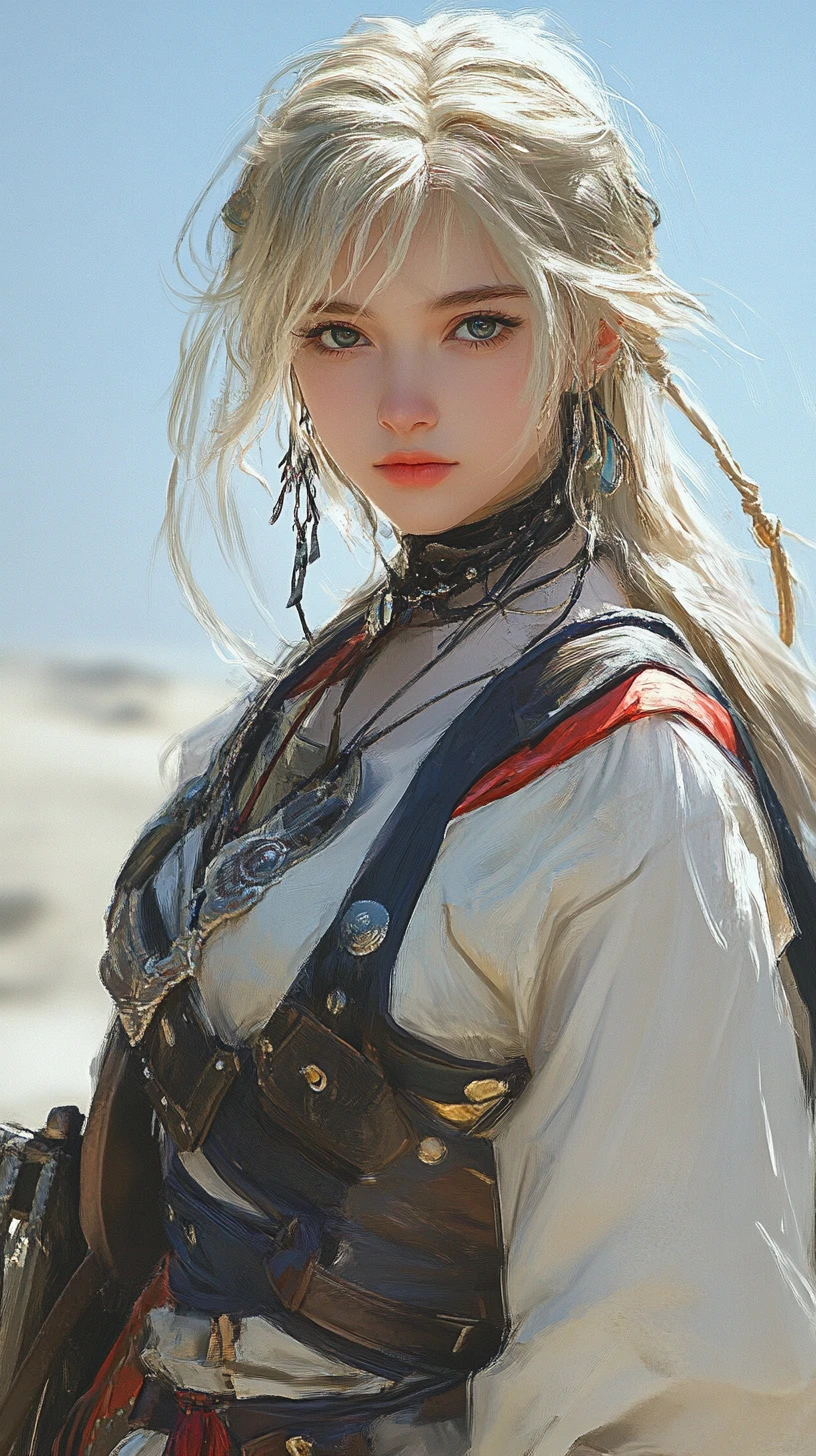 Chica aventurera rubia en el desierto con espada y tatuaje tribal