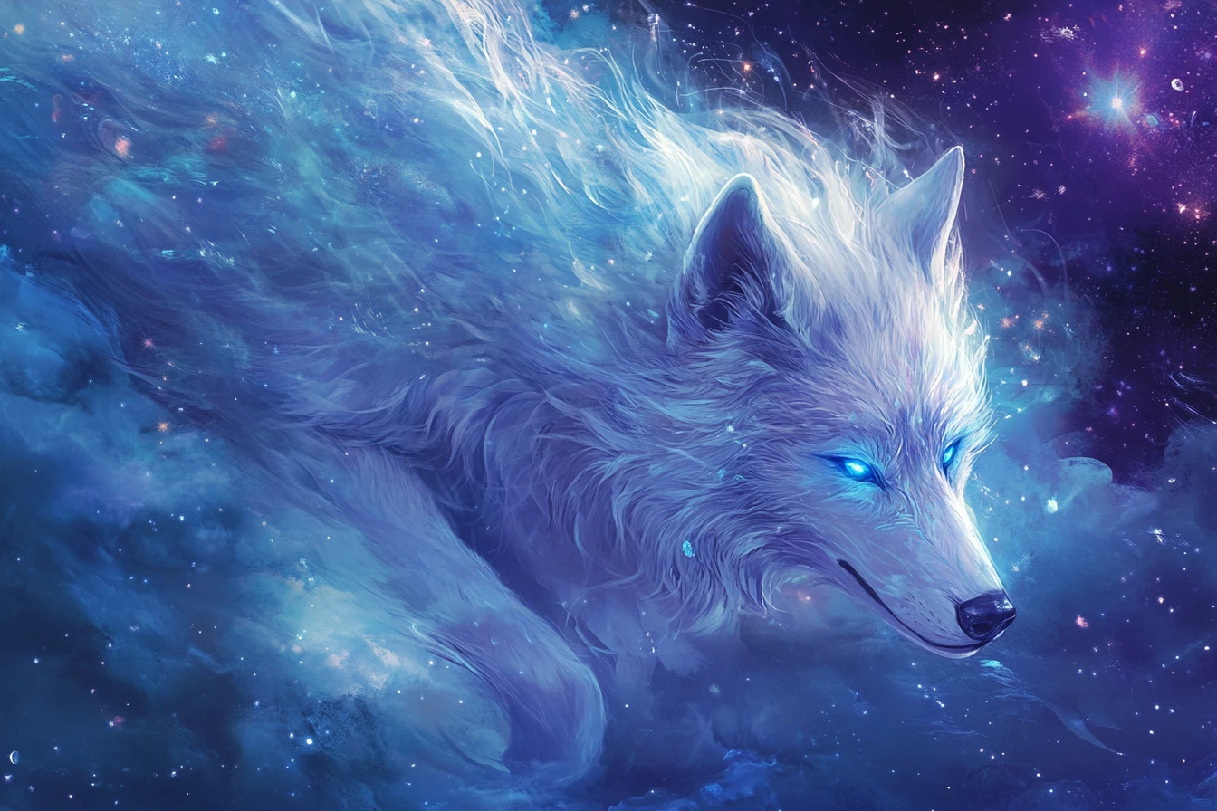 Lobo azul prateado sorridente avançando sob um céu estrelado