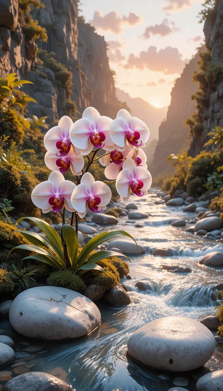 Orchidee bianche arcuate sopra un ruscello di montagna cristallino al tramonto