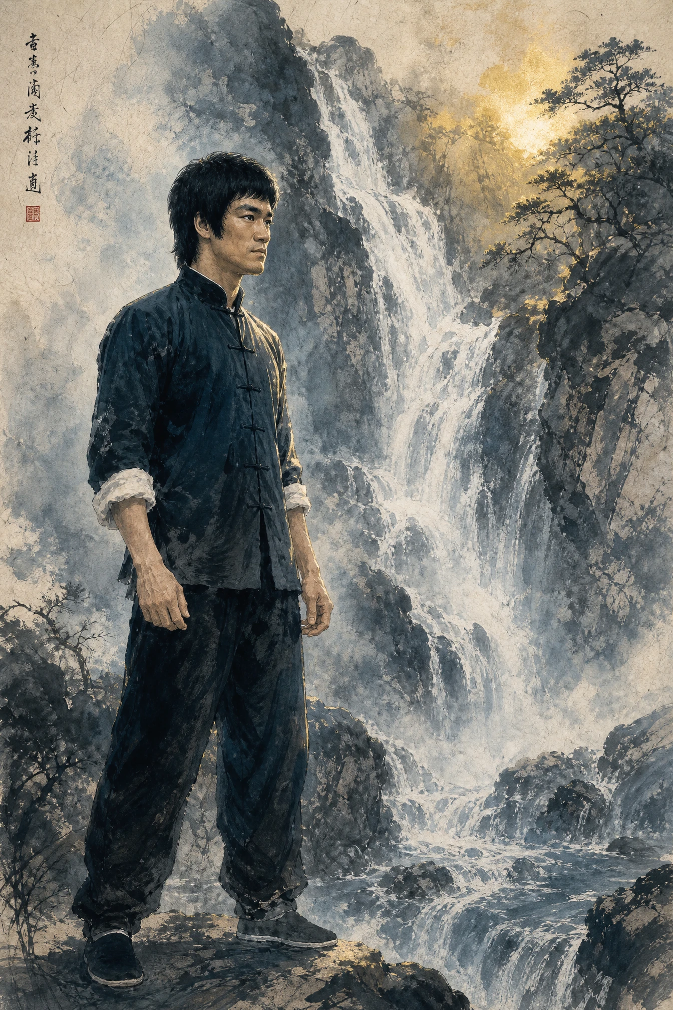 Bruce Lee en acuarela junto a una cascada de montaña impetuosa