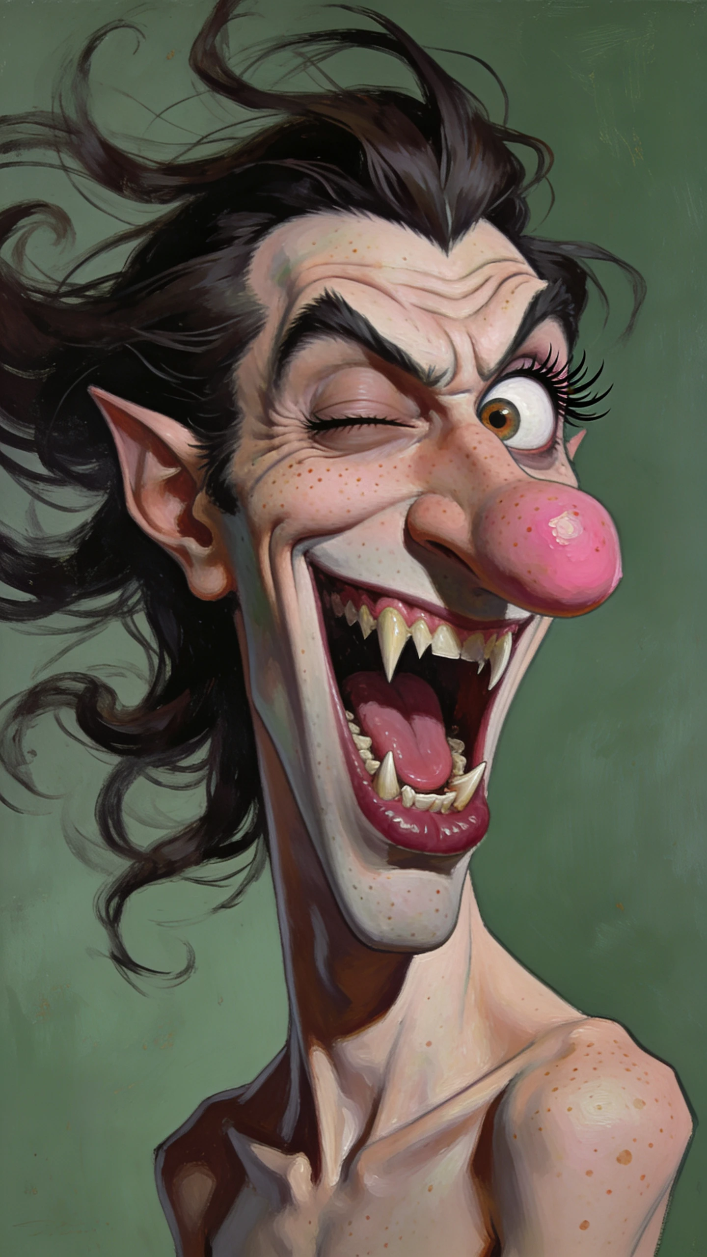 Caricatura de vampiro rindo, com cabelo selvagem e iluminação de estúdio