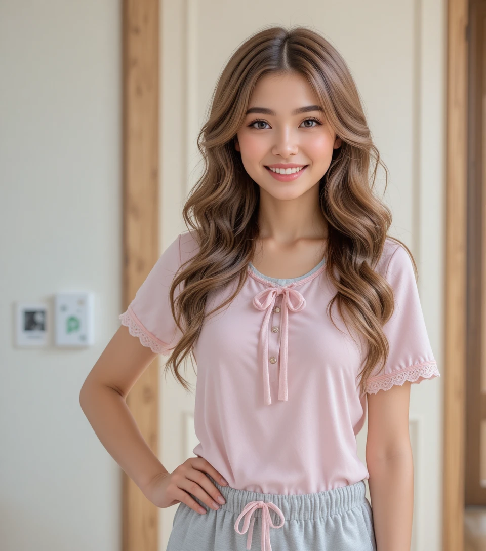 Joven sonriente con pijama rosa en interior
