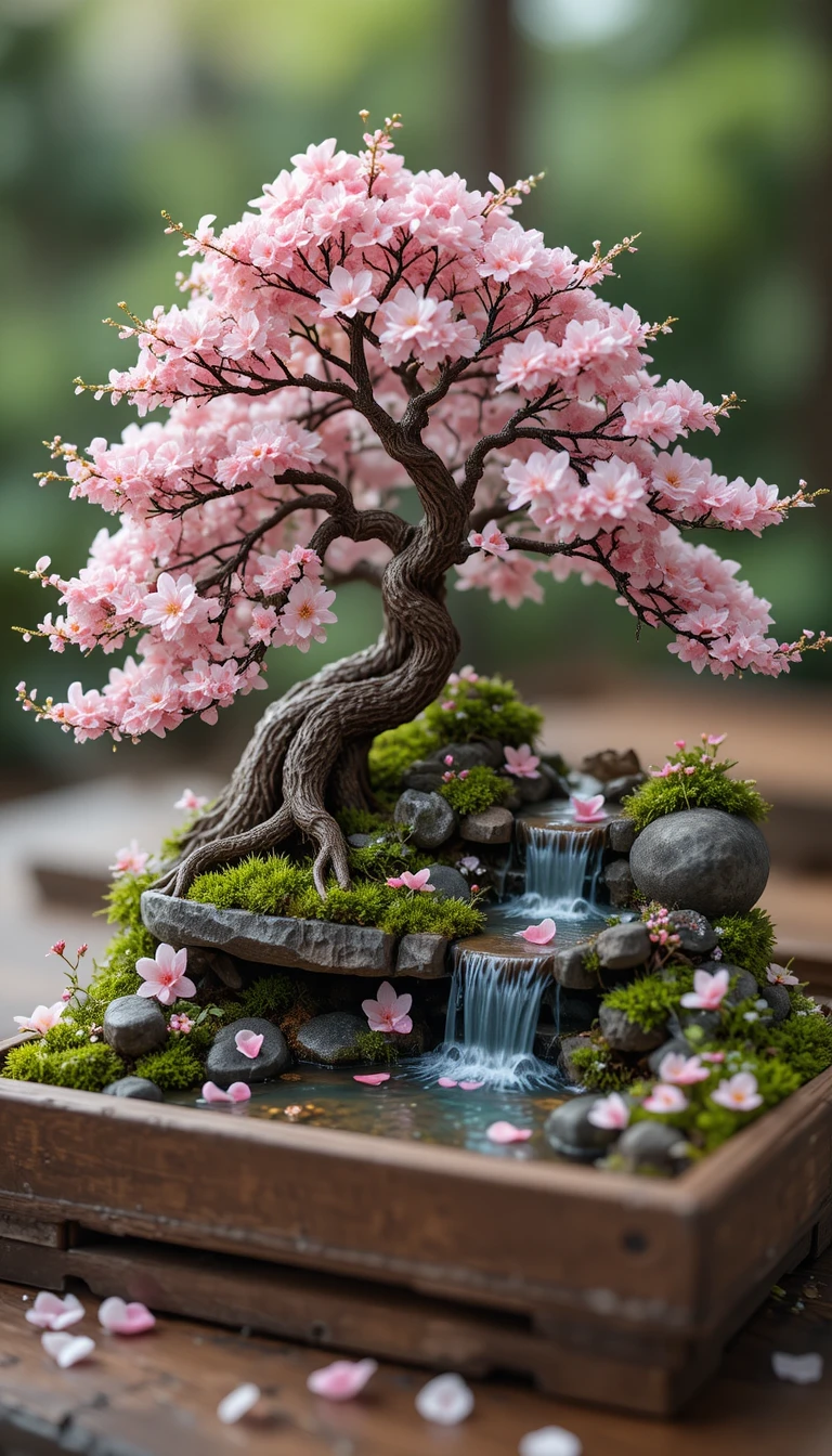 桜の木と池のあるミニチュア盆栽の風景