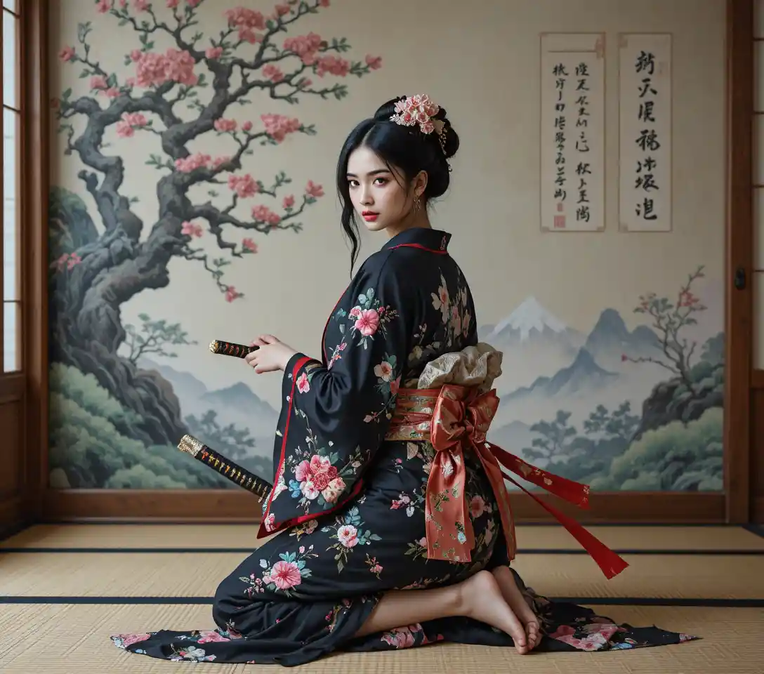 Guerriera asiatica in ginocchio con katana in kimono