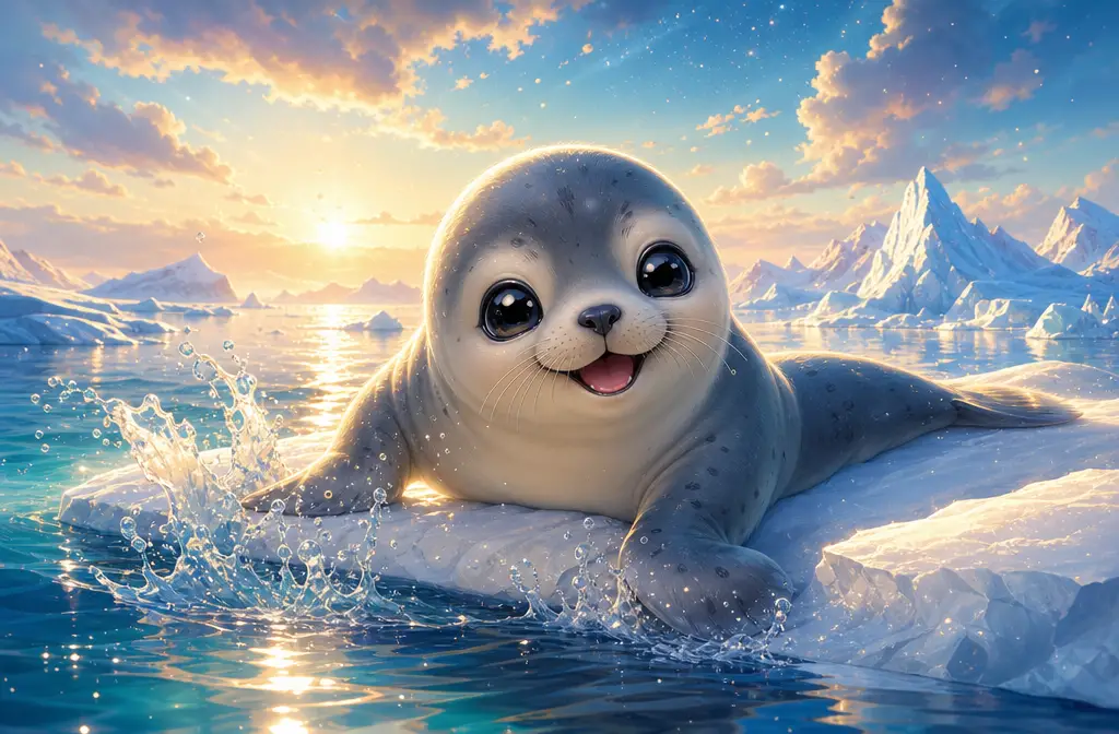 Cucciolo di foca gioioso su lastra di ghiaccio soleggiata in stile Pixar