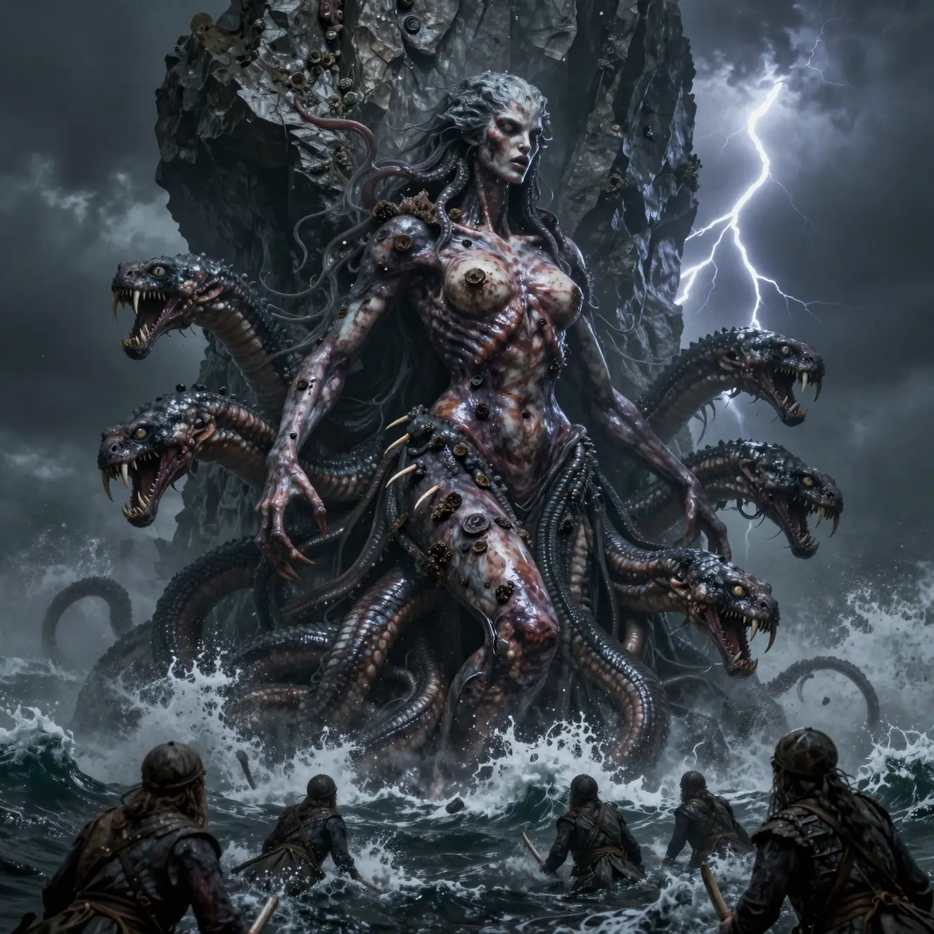 Scylla sea monster rising from stormy jagged cliffs
