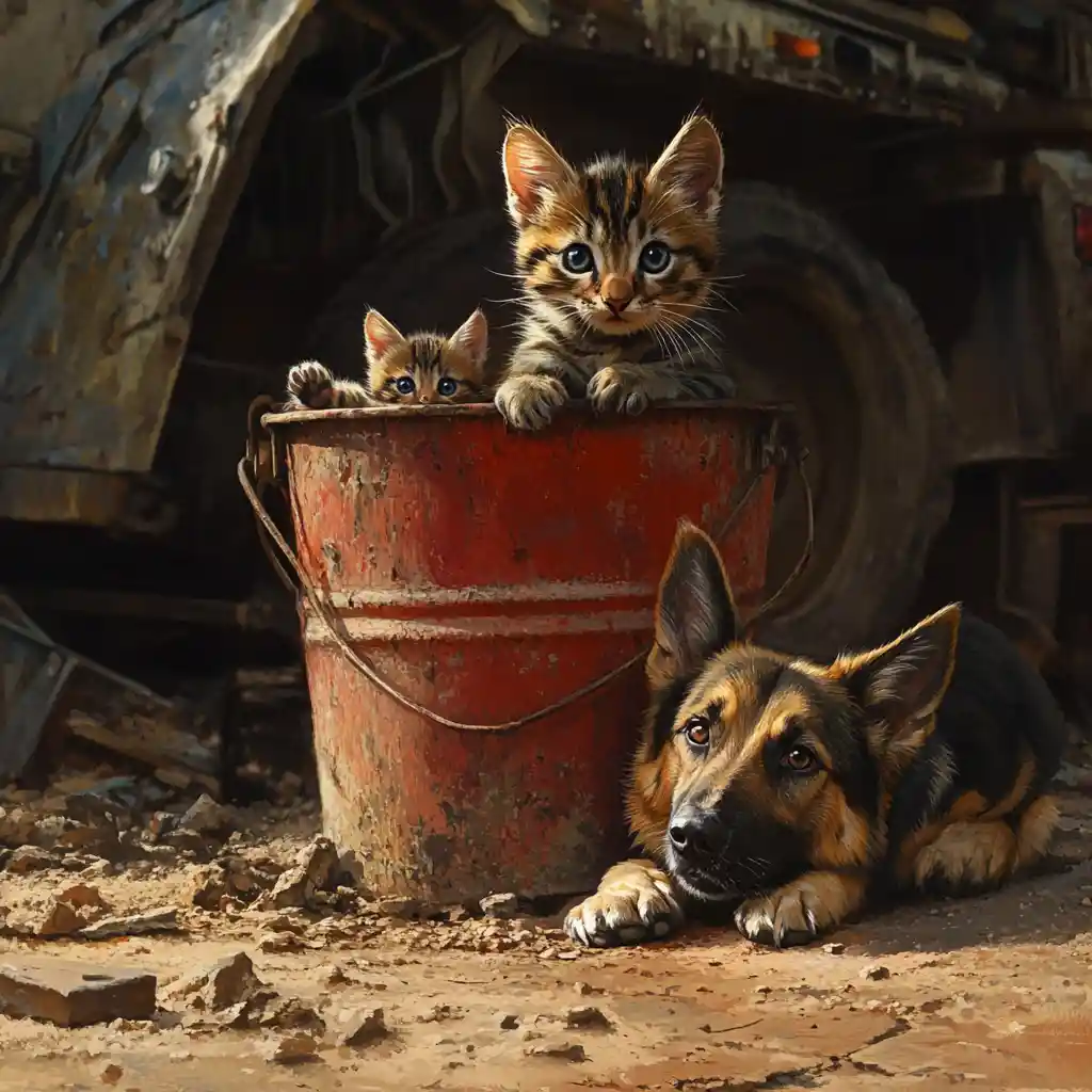 Mother cat and kittens sheltering inside an old red bucket