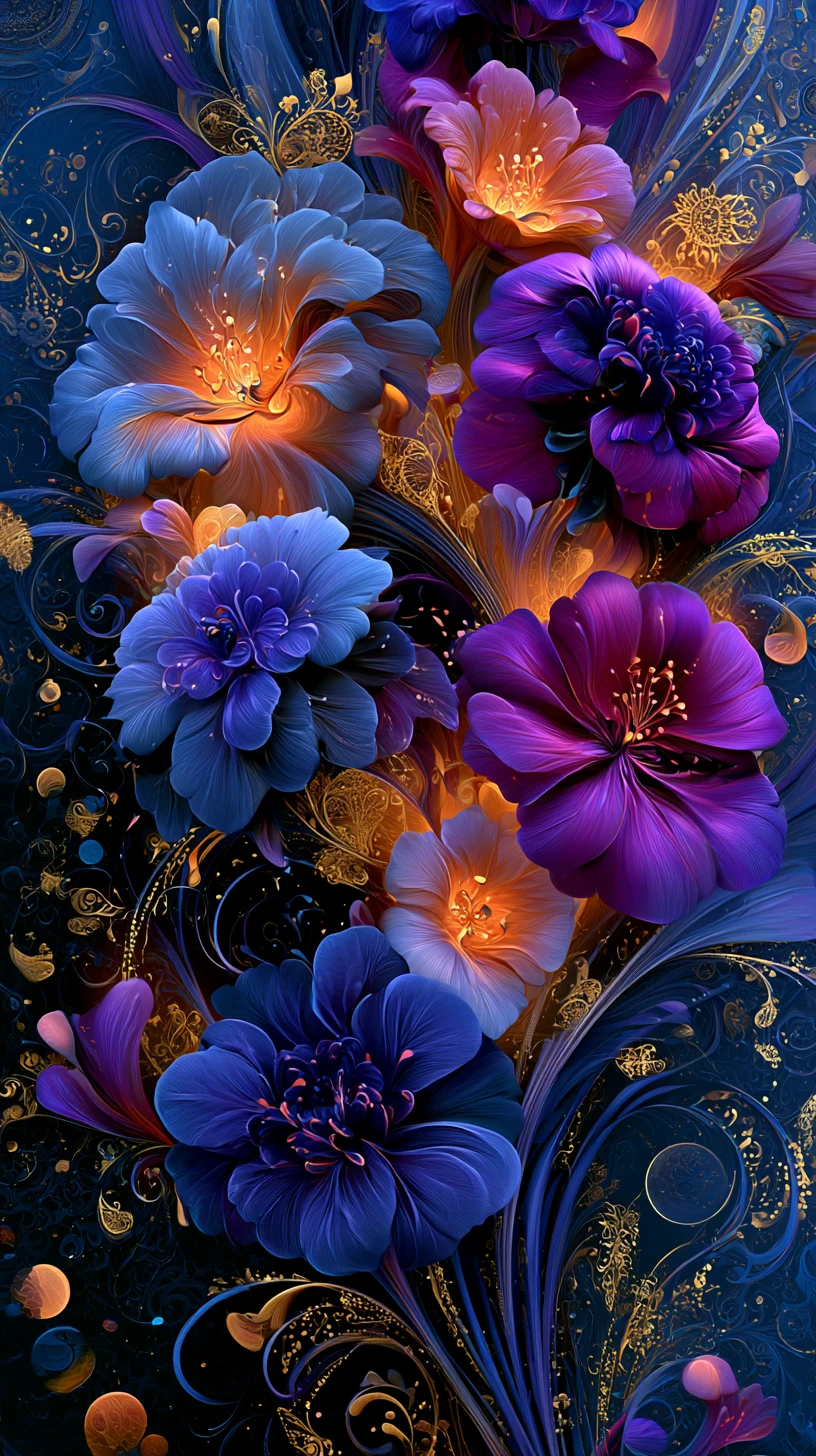 Surreale leuchtende Fantasieblumen auf dunklem ornamentalen Hintergrund