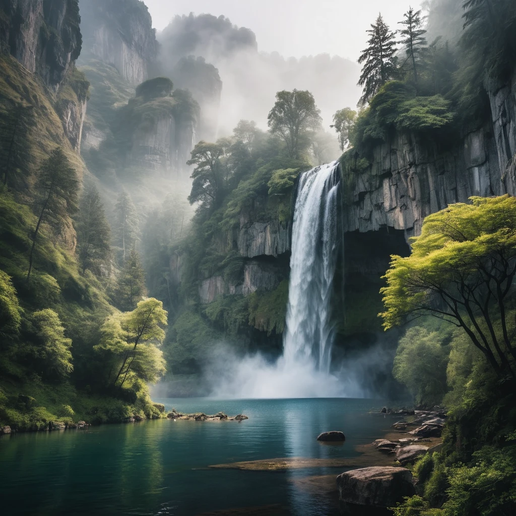 Mystischer Wasserfall, der in einen ruhigen Waldsee stürzt