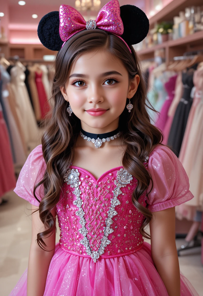 Princesa pré-adolescente com vestido rosa-choque da Minnie Mouse na loja