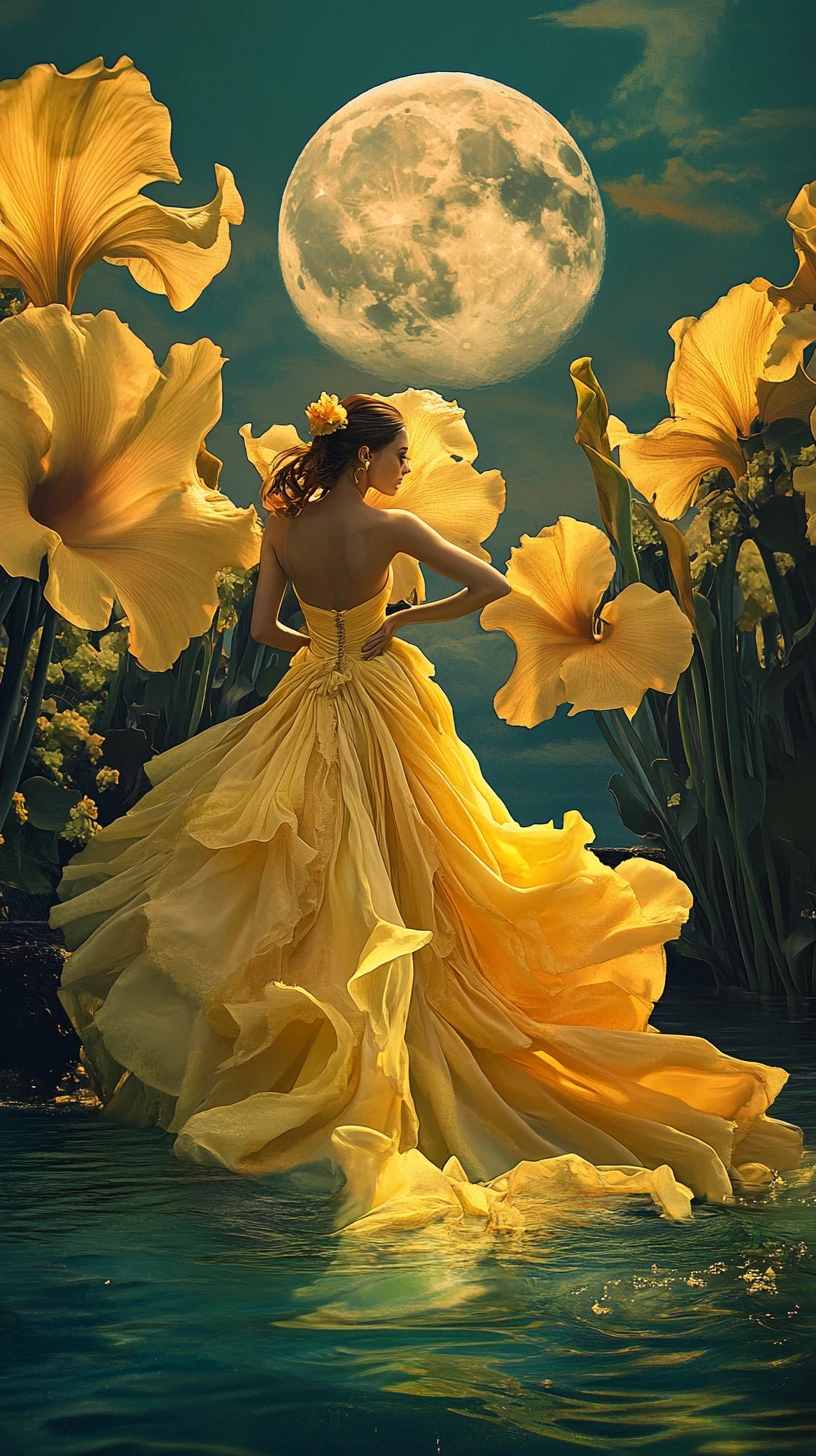 Mulher elegante em vestido amarelo deslizando sobre um lago tranquilo
