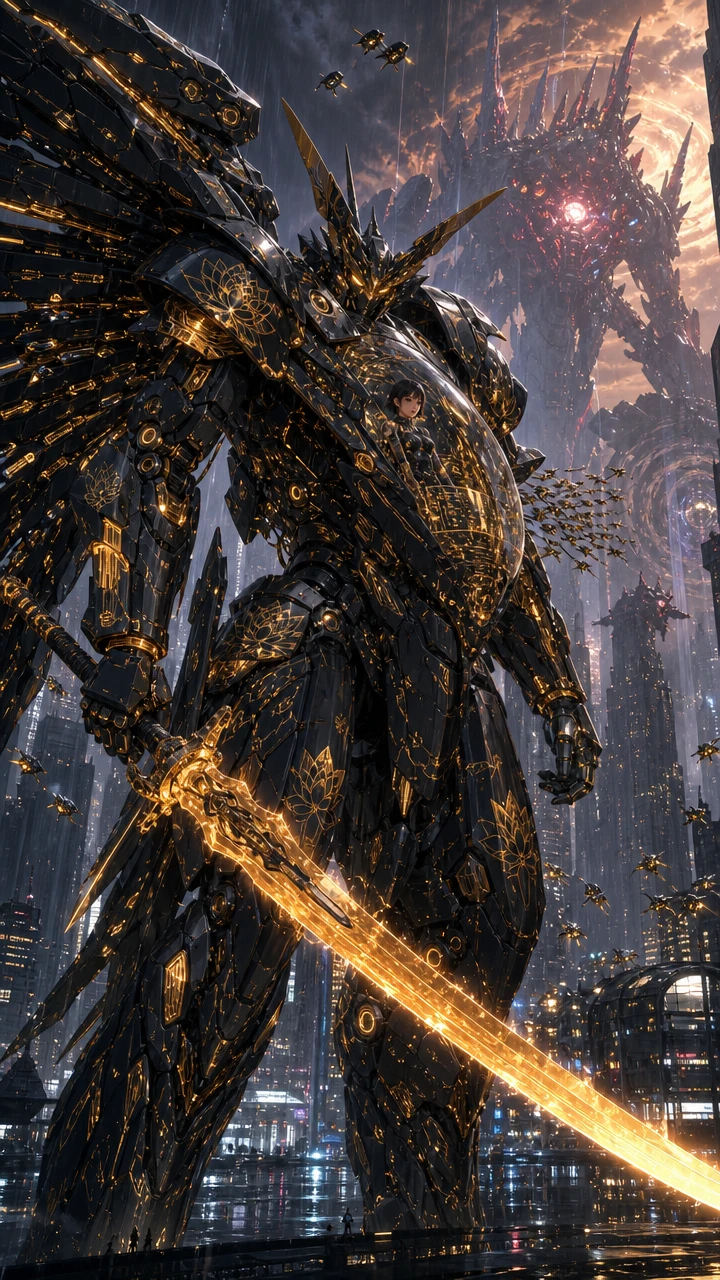 Kolossaler Anime-Mecha bewacht eine futuristische Regen-Megacity