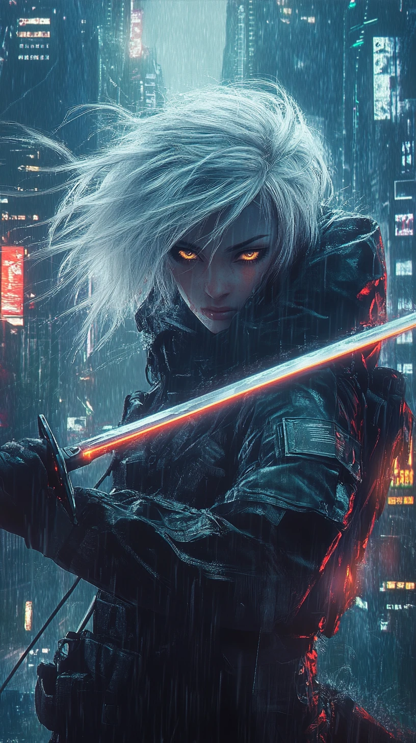 Fiera guerriera con katana luminosa sotto la pioggia cyberpunk