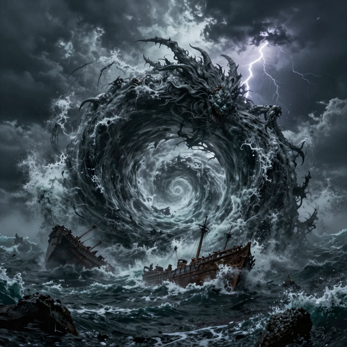 Monstro marinho colossal surgindo de um furacão no oceano