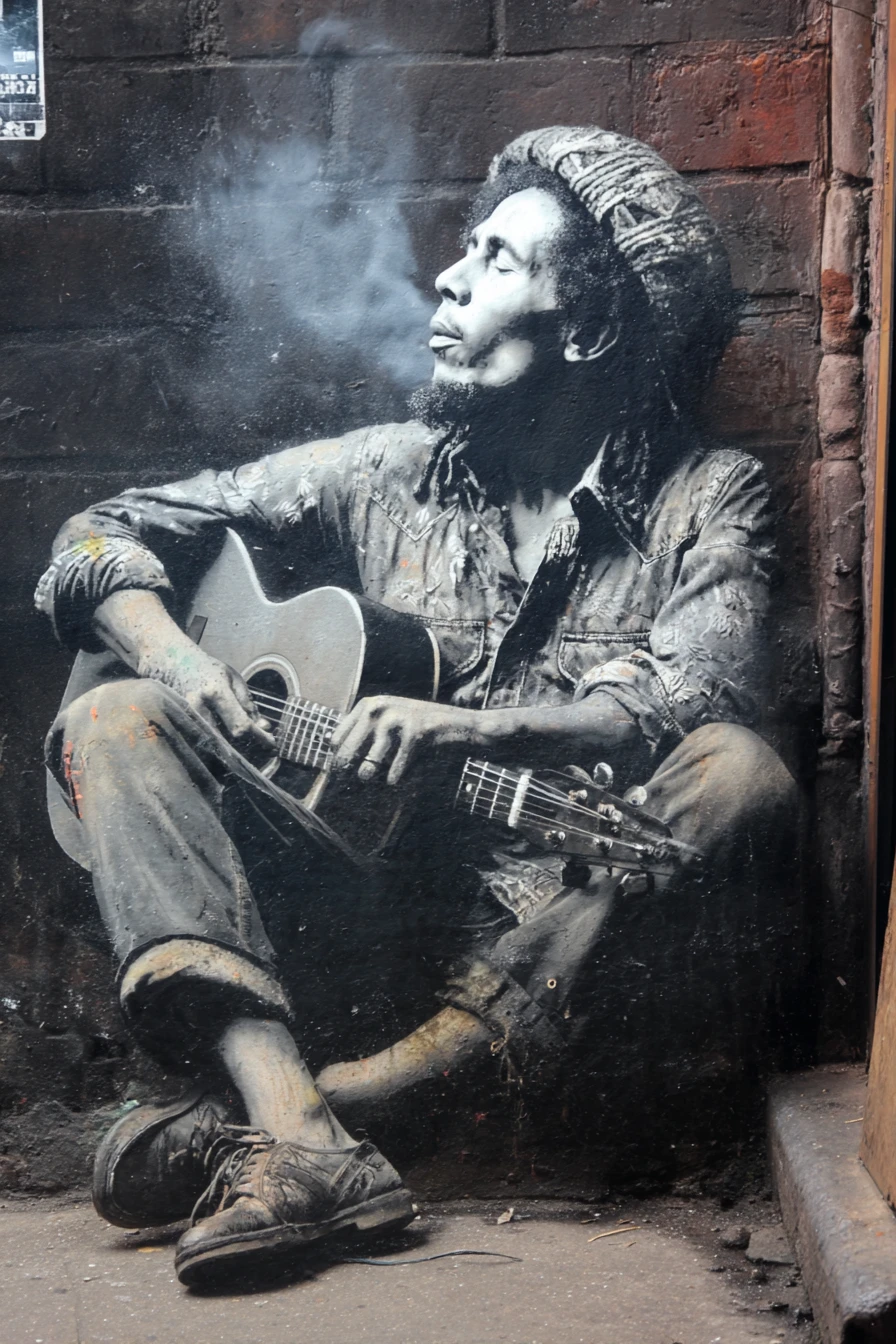 Rattenmusiker mit Dreadlocks in einer nebligen Londoner Gasse