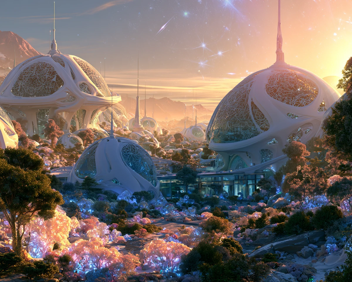 Colônia humana futurista erguendo-se sobre um mundo alienígena