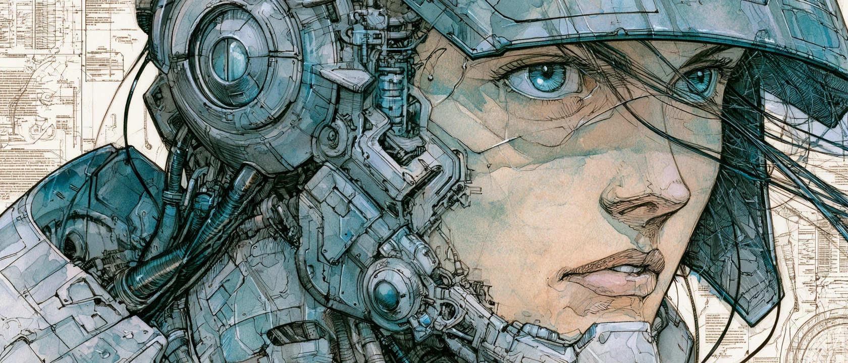 Esquemáticos de mangá cyberpunk com traços mecânicos intrincados