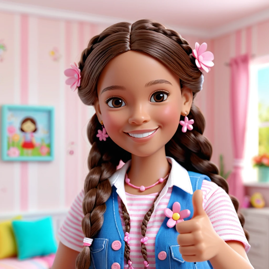Fillette poupée 3D souriante faisant un double pouce levé