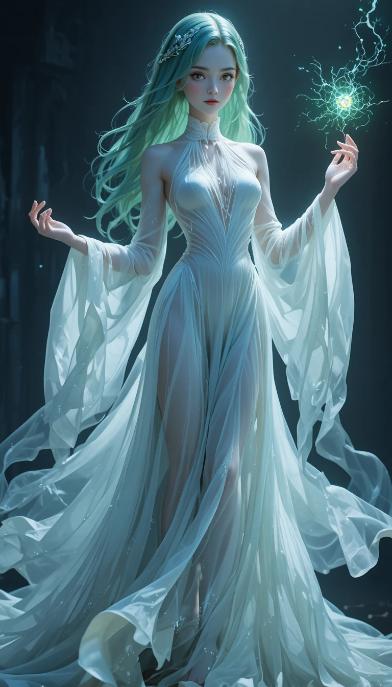 Fille fantôme d’anime éthérée avec de longues robes spectrales pâles et flottantes