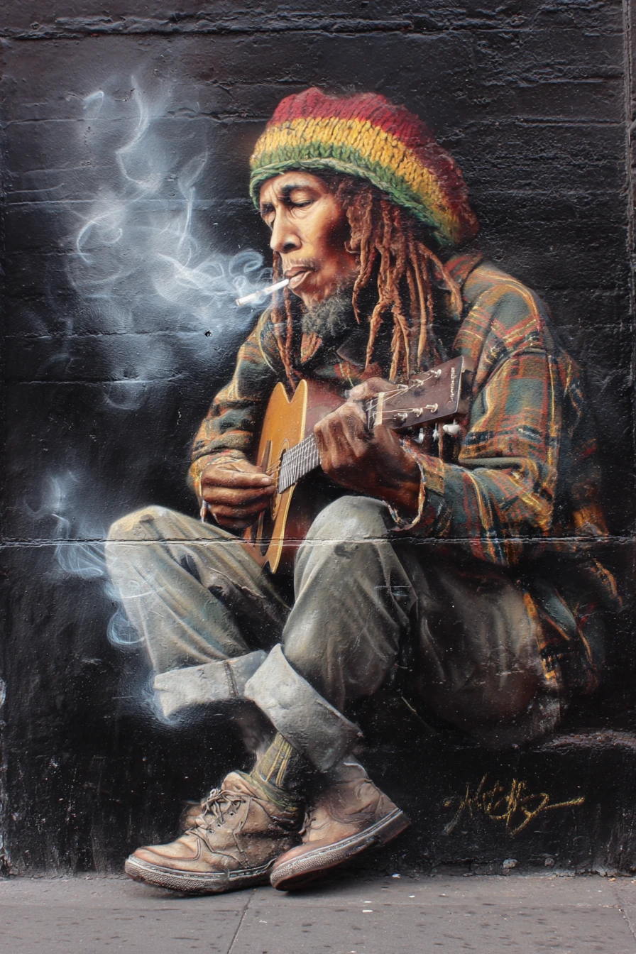 Rat musicien dans une ruelle de Londres avec graffitis et brouillard la nuit