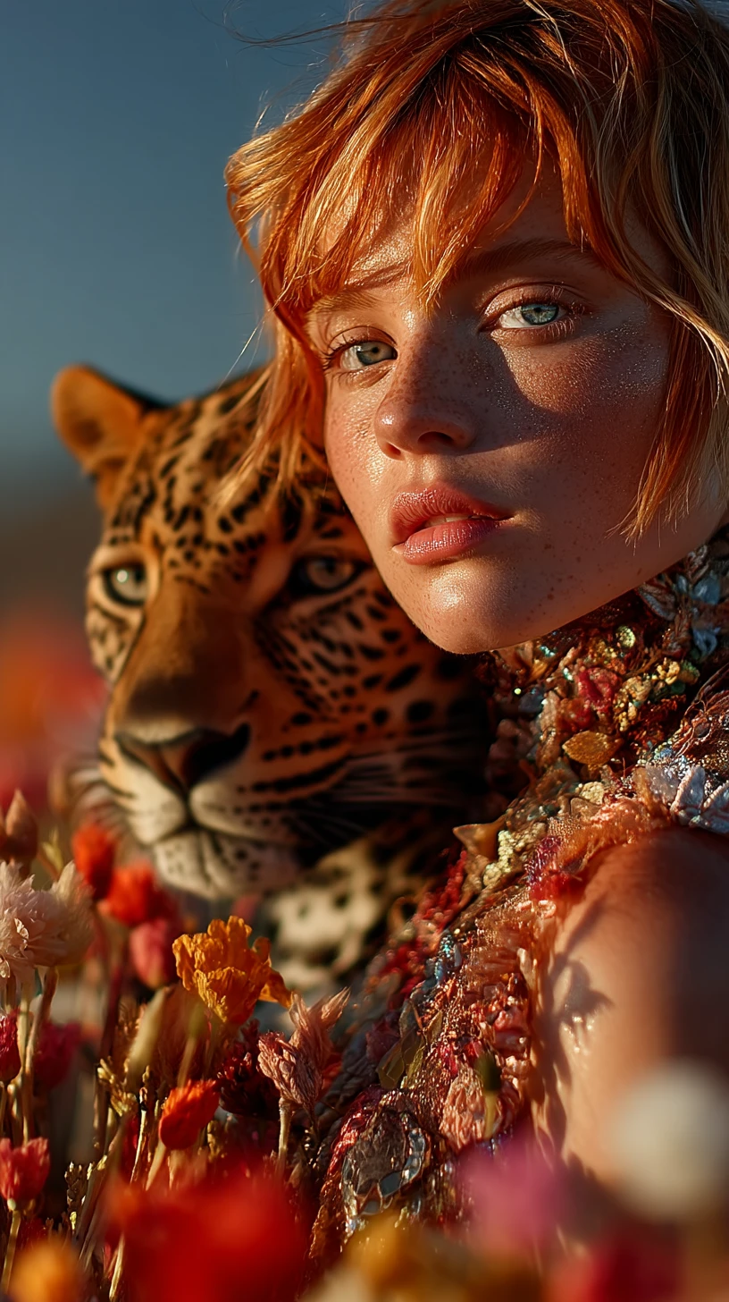 Woman with jaguar in sunset flower field close up