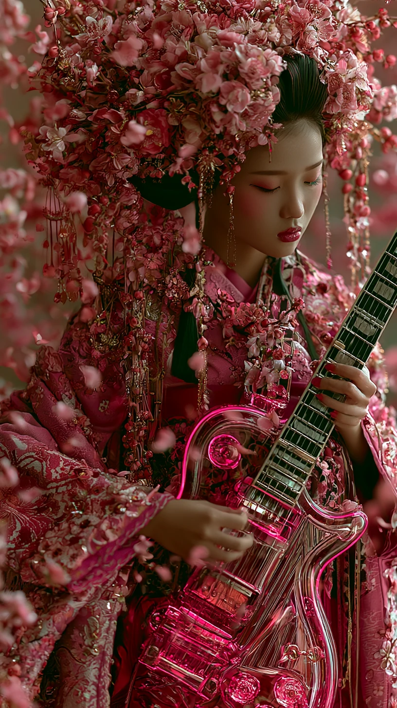 Geisha de quimono rosa com guitarra rock de vidro neon