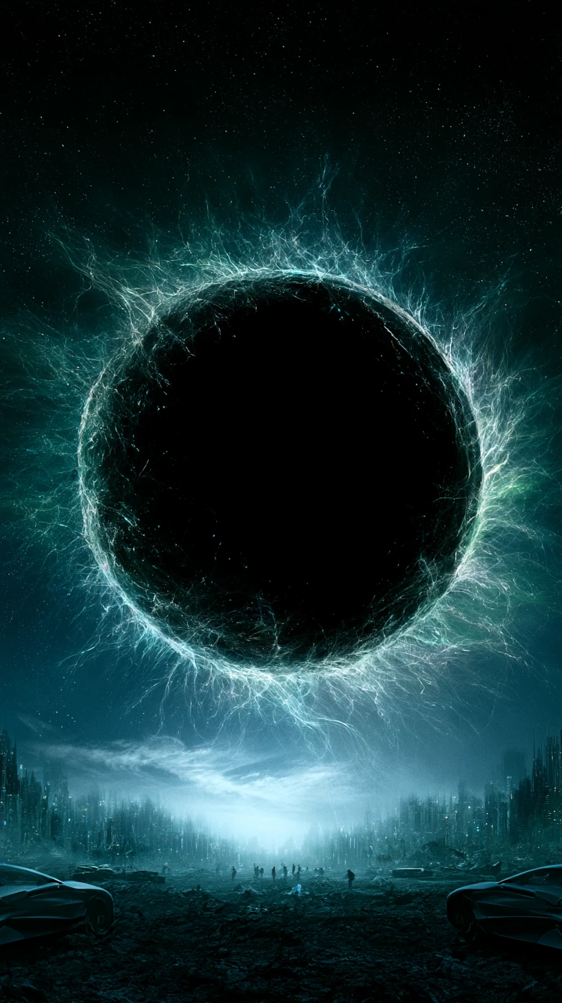 Círculo negro cósmico irradiando filamentos luminosos sinistros