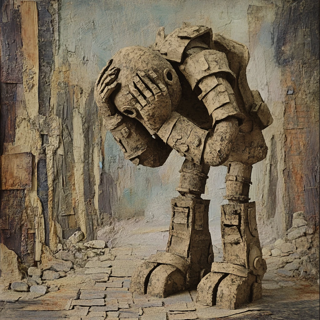 Golem de argila solitário em rua futurista de cidade em ruínas