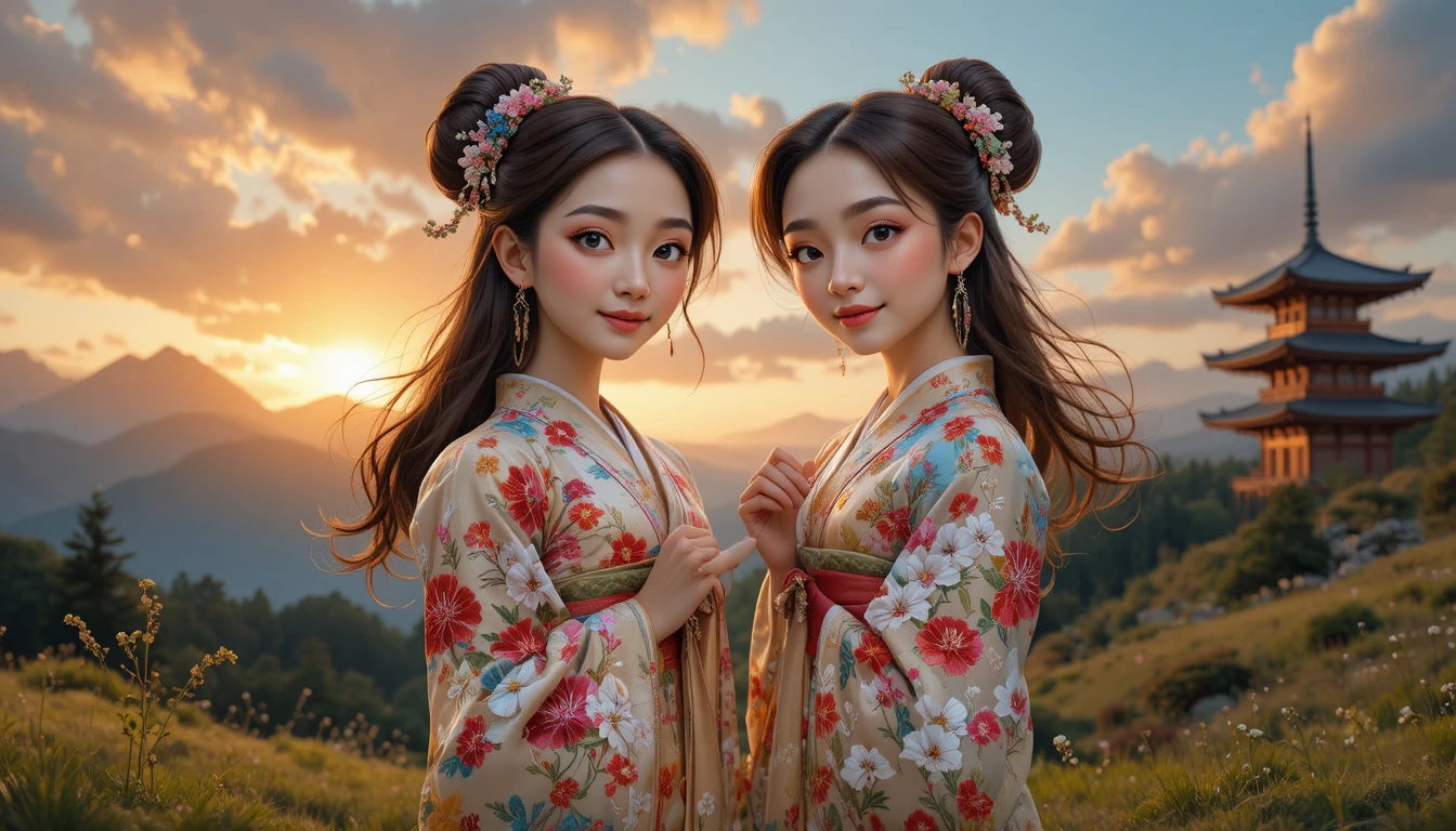 Duas mulheres em quimonos florais ao pôr do sol na natureza