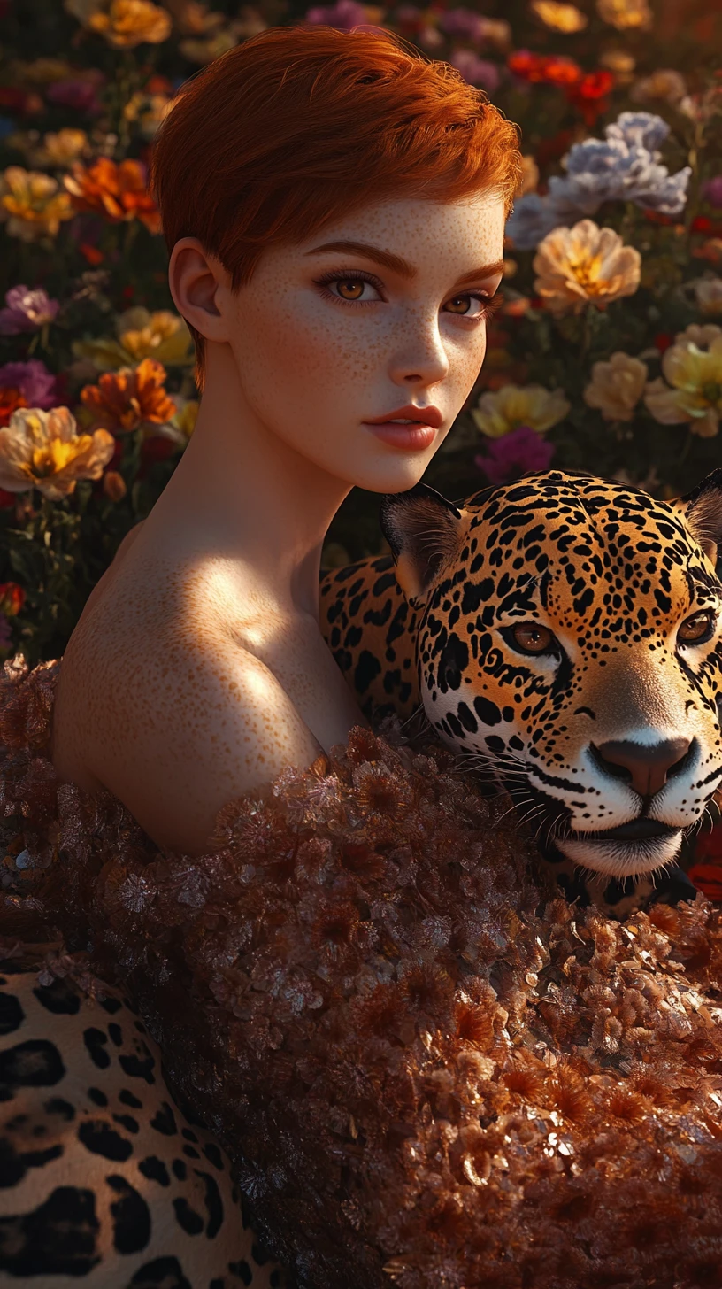 Mulher com jaguar em um campo de flores ao pôr do sol em close-up