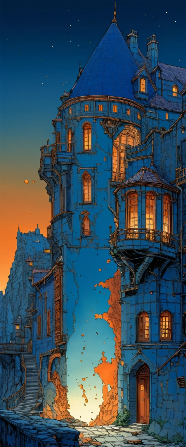 Escena dinámica de manga sci-fi en un mundo alienígena colonizado