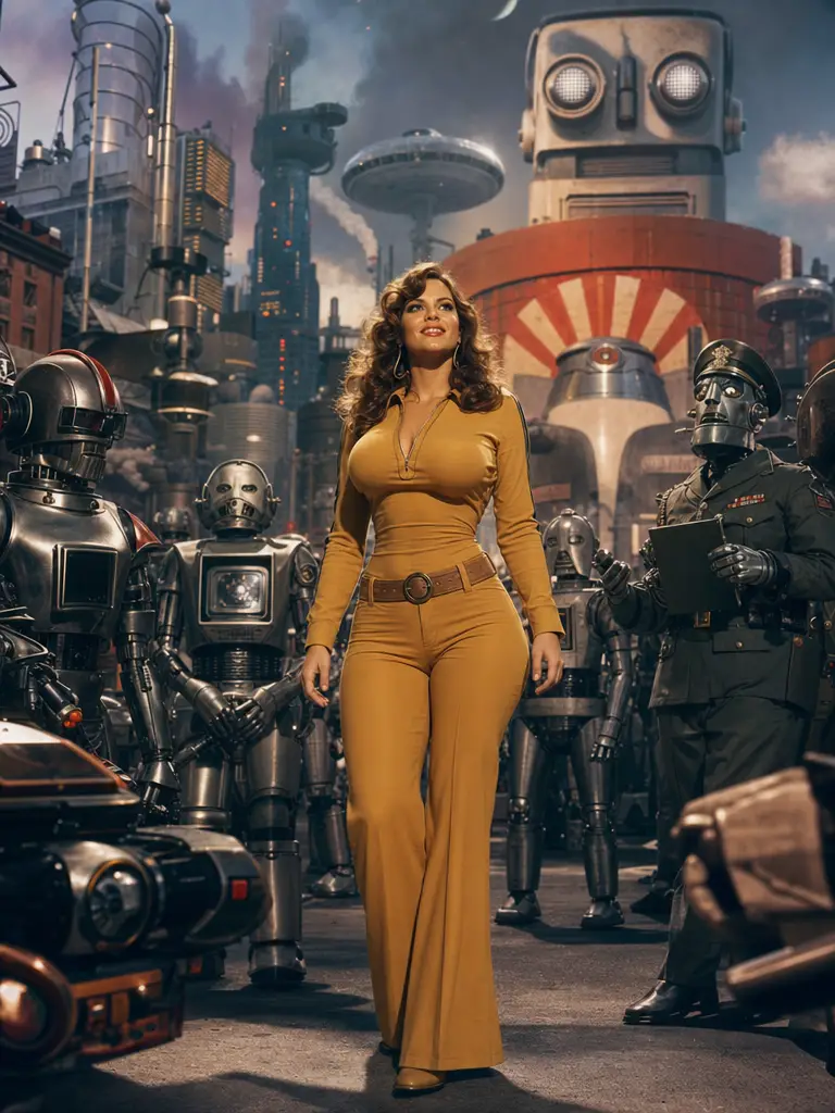Provocative woman in a dystopian robot ruled 1970s city